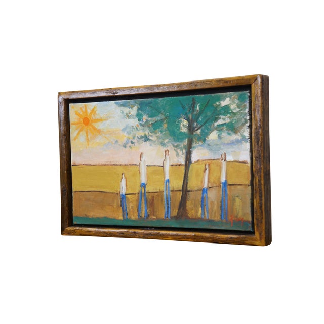 Late 20th century expressionist figural landscape oil painting on canvas by artist Foley. Shows a sunlit golden field with...