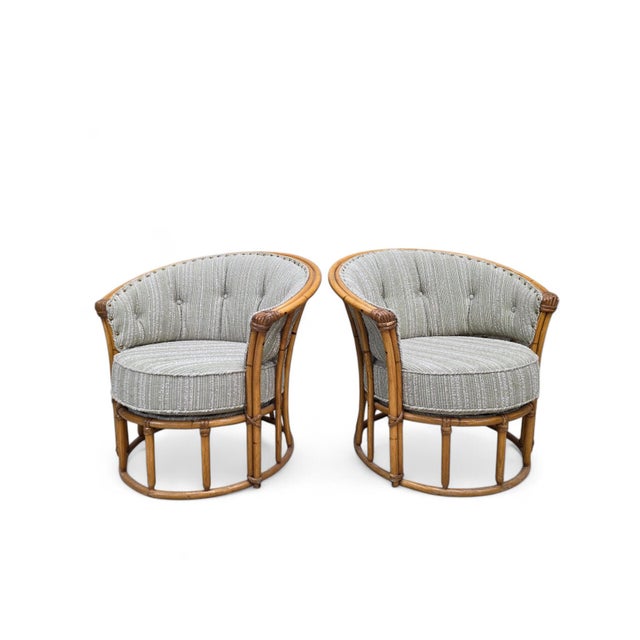 Mid-Century Modern Heywood Wakefield “Ashcraft” Bamboo Style Barrel-Back Rattan Lounge Chairs – Pair Fantastic pair of...