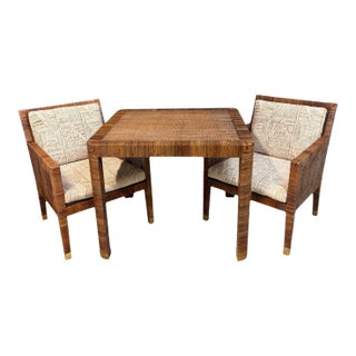 Attributed to Billy Baldwin for Bielecky Brothers Rattan Game Table and Chairs, Set of 3 1970s For Sale