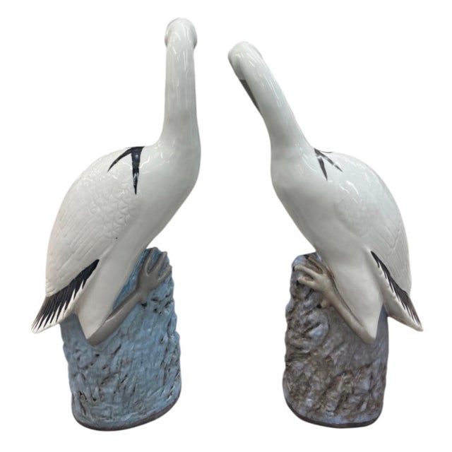 Italian Pair of Vintage Italian Majolica Glazed Ceramic Stork / Heron Sculptures For Sale - Image 3 of 12