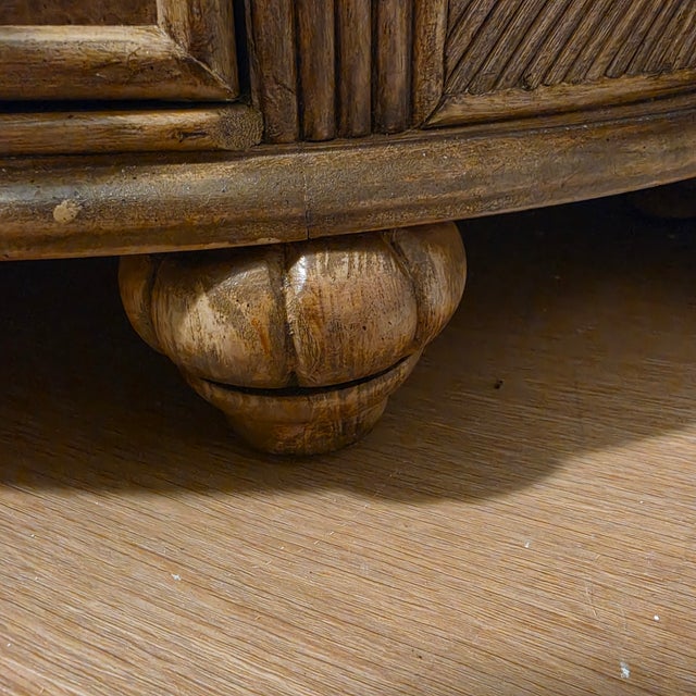 Brown 1990s Braxton Culler Coastal Demilune 3 Drawer Chest - Woven Rattan Reed & Oak - Carved Melon Feet - 36" W For Sale - Image 8 of 17