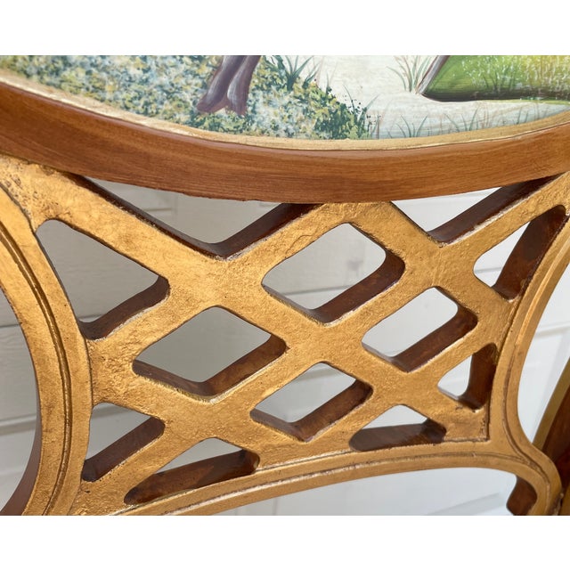 Italian Vintage Italian Neoclassical Regency Hand-Painted Landscape Medallion Reticulated Armchair With Gilt Accents, 38" For Sale - Image 3 of 16