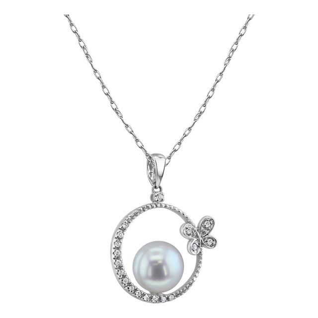 Butterfly Freshwater Pearl Necklace 14k White Gold 16" For Sale