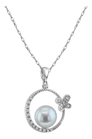 Butterfly Freshwater Pearl Necklace 14k White Gold 16"