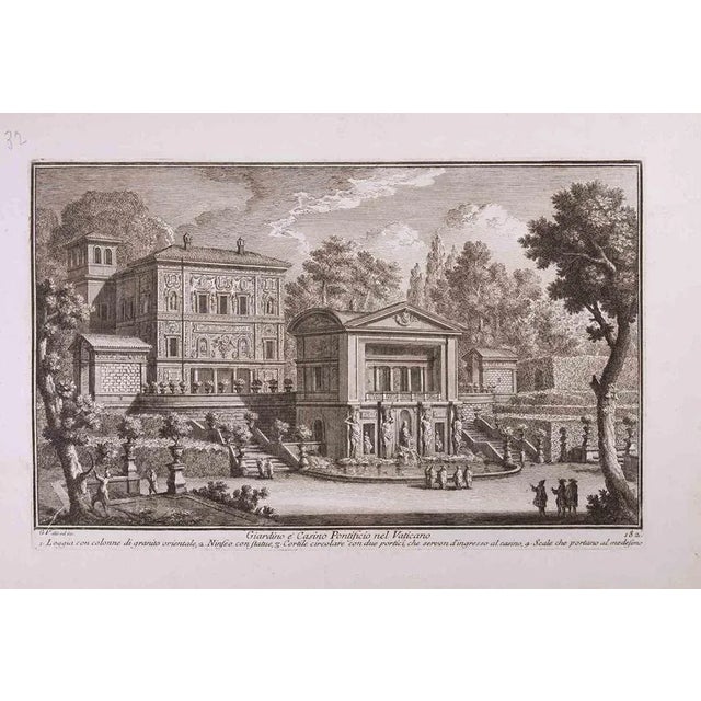 Giardino e Casino Pontificio is an original black and white etching of the Late 18th century realized by Giuseppe Vasi....