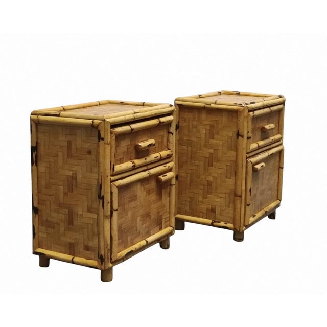 1960s Vintage Italian Rattan Bedside Tables, 1960s, Set of 2 For Sale - Image 5 of 7