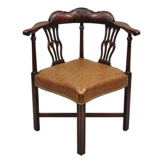Vintage Georgian Chippendale Style Carved Mahogany Faux Leather Corner Chair For Sale
