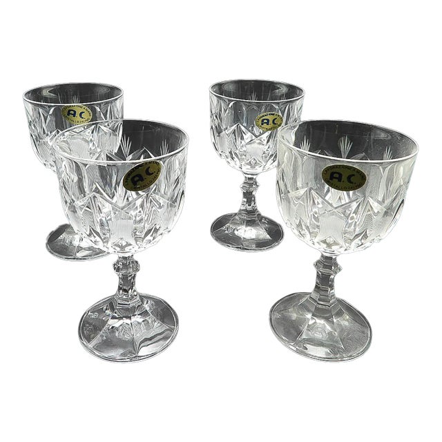 1950s Mid Century Modern Italian Ac Cut Crystal Atomic Wine Stem Glasses- Set of 4 For Sale