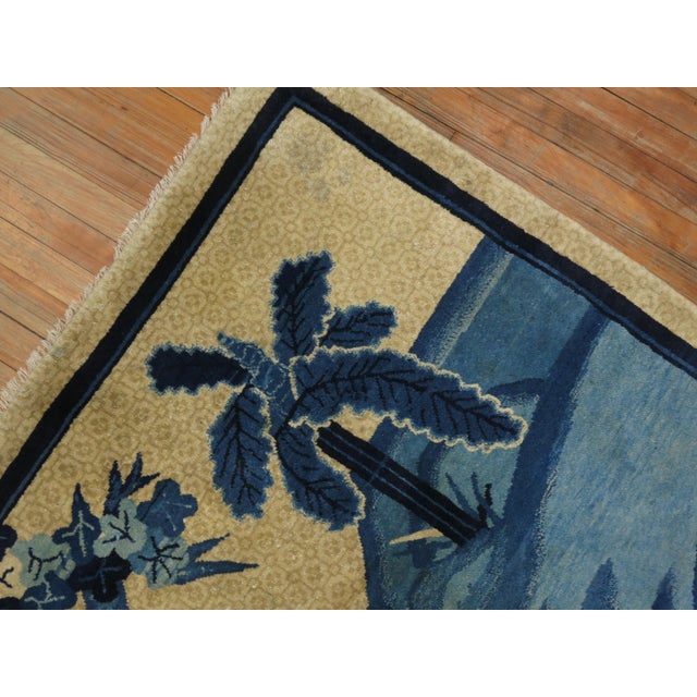 Mid 20th Century 20th Century Blue Tan Chinese Animal Pictorial Landscape Rug - 3'10" x 5'11" For Sale - Image 5 of 6