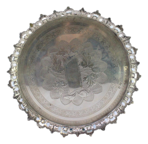 Guilloche Grid Silver Tray with Engraved Floral Motifs and Monogram Card