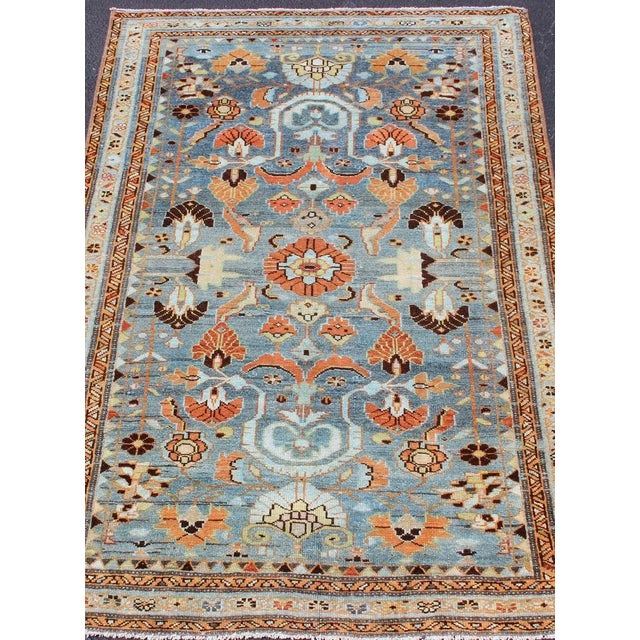 Early 20th Century Antique Persian Malayer Rug With a Blue Field and Stylized Floral Design 3'4 X 4'11 For Sale - Image 5 of 12