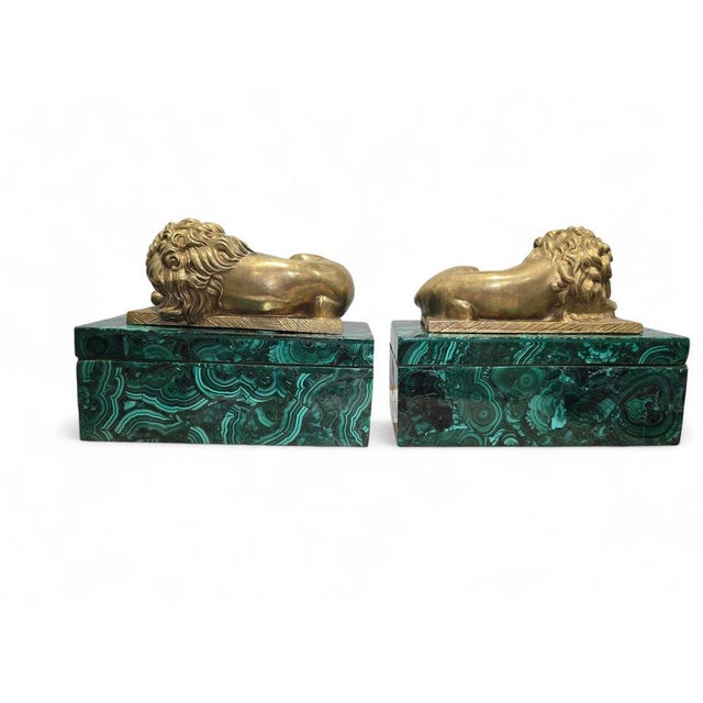 Antique European Malachite Boxes with Gilt Bronze Lion Mounts, 1900 For Sale - Image 13 of 16