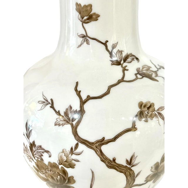 Pair Vintage Brown and White Ceramic Transferware Hollywood Regency Style Lamps For Sale - Image 6 of 12