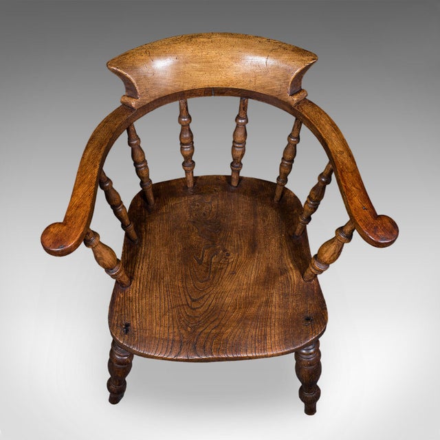 Wood Antique Smoker's Bow Chair, English, Country House Elbow Seat, Edwardian, 1904 For Sale - Image 7 of 12