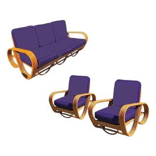 1950s Restored Mid-Century Modern Rattan 4-Strand Reverse Pretzel Sofa & Lounge Chair Set, 3 Pieces For Sale