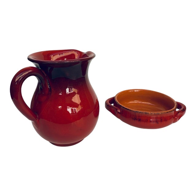 Vintage Italian Red Glazed Pottery Pitcher and Serving Bowl For Sale