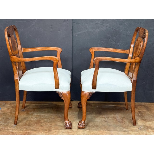 Queen Anne Open Carved Arm Chairs of Burl Walnut (Two Available) For Sale - Image 9 of 11