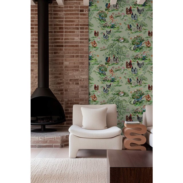 Cluckingham Farm Toile Grasscloth Wallpaper by House Party | Green Grass | 8 Yards For Sale - Image 9 of 12