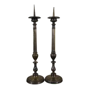 Antique French Silver Plate Church Temple Altar Pricket Candlesticks - Set of 2