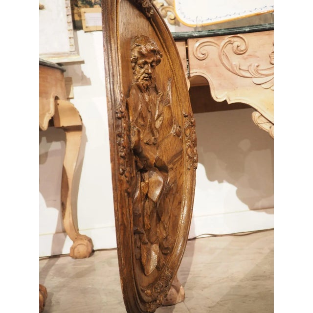 Antique French Carved and Incurved Oak Bas Relief Plaque of St Luke, C. 1720 For Sale - Image 12 of 13