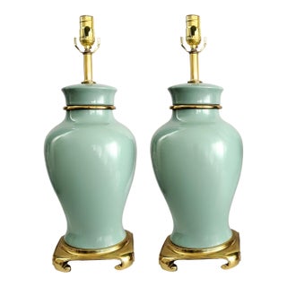 Lamps Turquoise Porcelain & Brass For Sale