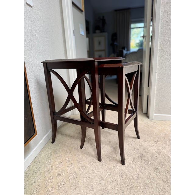 Late 20th Century Pair of Mahogany Nesting Tables With Curved X-Form Base, Transitional Style For Sale - Image 5 of 9