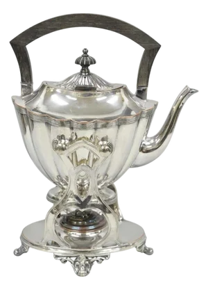 Antique English Art Nouveau Silver Plated Tilting Tea Kettle Pot on Stand