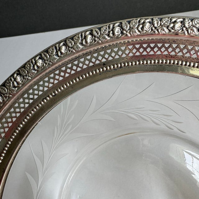 Silver Vintage Wallace Sterling Silver Rimmed Plate Etched Cut Glass Thistle For Sale - Image 8 of 11