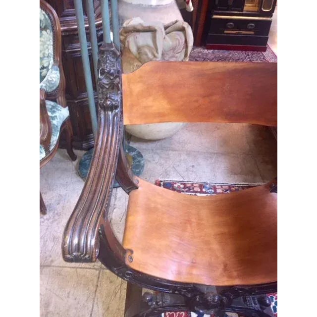 Single 19th Century English Carved Wood. Arm Chair With Leather Seat. Would look great in library or study room.
