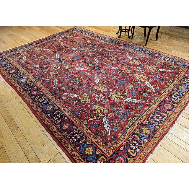 Vintage Persian Heriz Rug, Hand-Knotted Wool, Allover Geometric Pattern, Red & Blue, 8x11 For Sale - Image 4 of 15