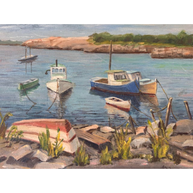 1970s 1970’s Vintage Lake Boats Landscape Oil on Board Painting, Signed For Sale - Image 5 of 12