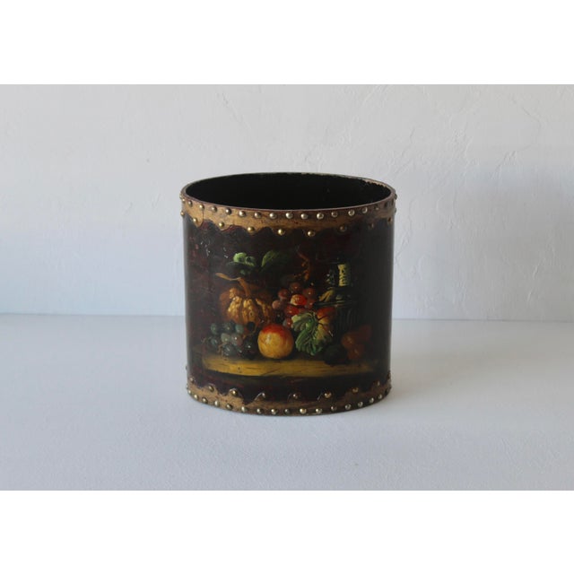English Style Arts & Craft Tole Hand Painted Fruit Still Life Oval Wastebasket Nailhead Detail Vintage Mid-Century For Sale - Image 4 of 13