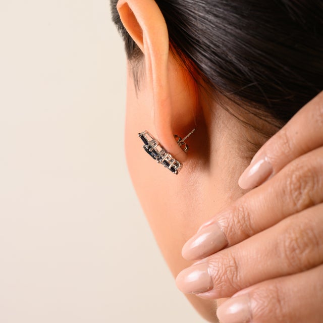 Modernist Solid Silver Blue Sapphire Floral Cluster Stud Earrings- A Pair For Sale - Image 9 of 11