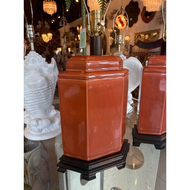 1970s Vintage Pair of Orange Chinoiserie Ceramic Table Lamps Newly Wired For Sale - Image 5 of 12