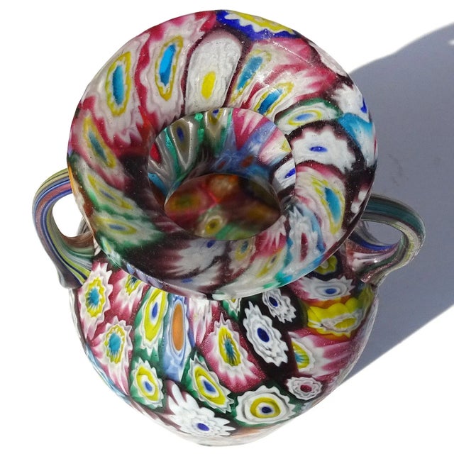 Glass Vintage Murano Fratelli Toso Millefiori Flower Mosaic Rainbow Colors Italian Art Glass Double Handle Vase For Sale - Image 7 of 10