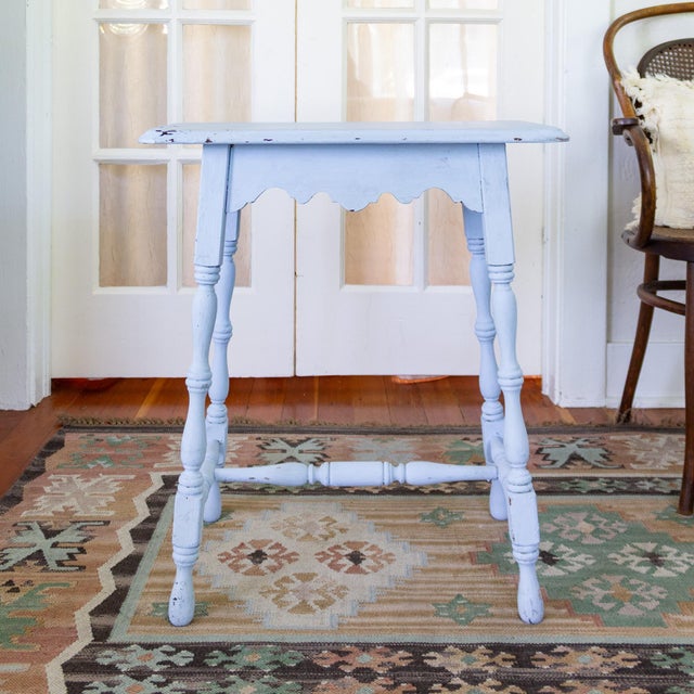Farmhouse Early 20th Century Blue Painted Scalloped American Farmhouse Side Table For Sale - Image 3 of 18