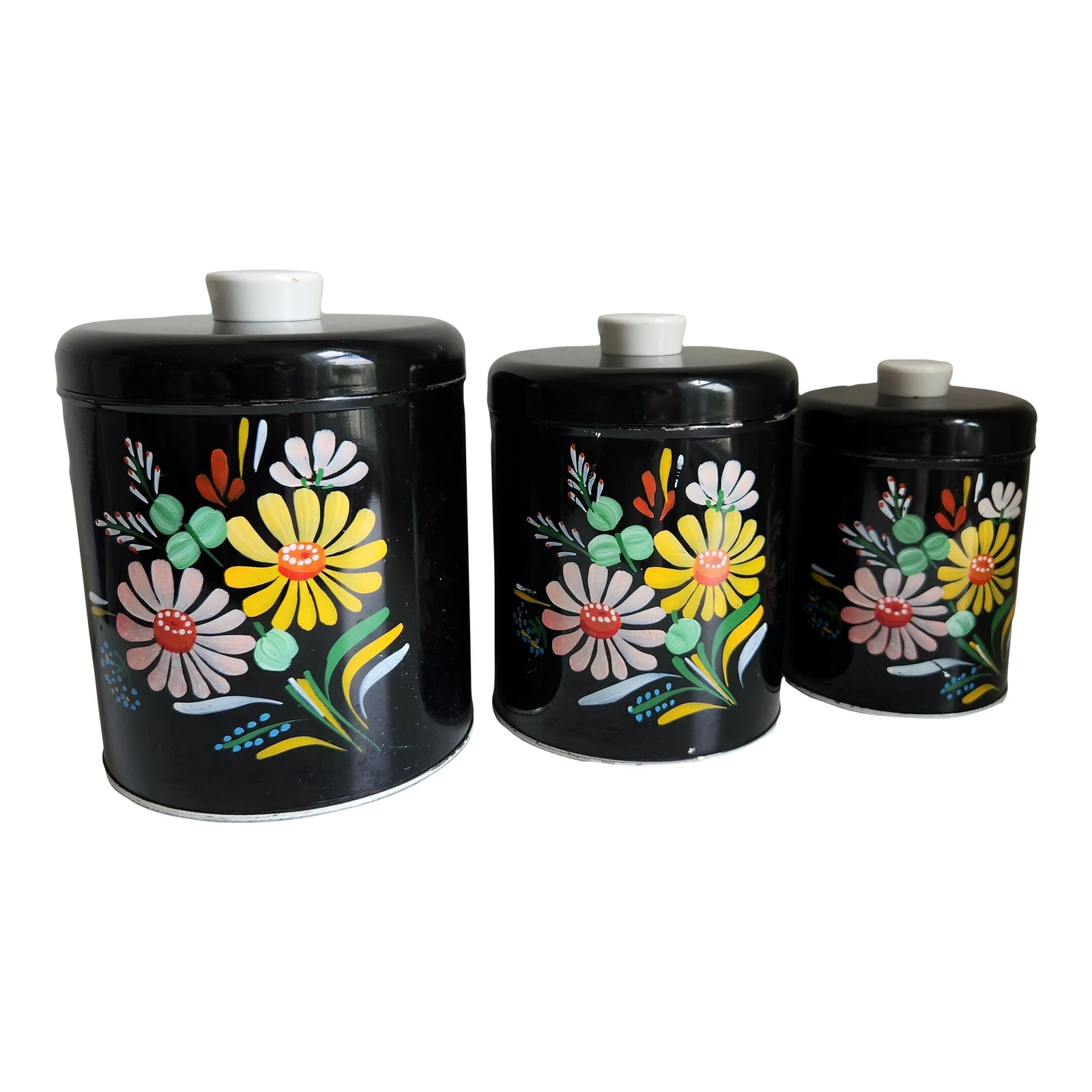 ランズバーグ　Ransburg アンティークキャニスター 缶 Ransburg Canister set metal hand painted flowers black tin