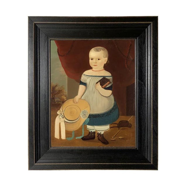 Primitive Child With Straw Hat Framed Oil Painting Print on Canvas in Black Distressed Wood Frame For Sale - Image 4 of 4