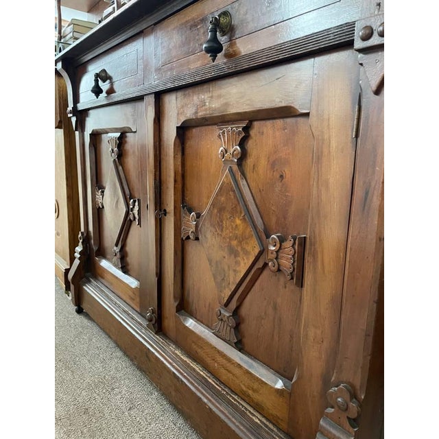 100+ Year Old Hutch Cabinet, Burl Wood Inlay, Hand Carved, Beautiful Antique For Sale - Image 12 of 12