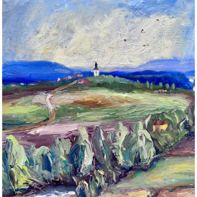Plein air impressionist oil painting with bold strokes highlighting a farm with planted fields near lake, an historic 15th...