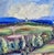 Plein air impressionist oil painting with bold strokes highlighting a farm with planted fields near lake, an historic 15th...