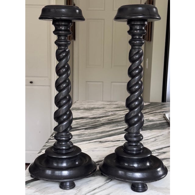 Vintage Carved Jacobean Barley Twist Large Scale Candle Holders - A Pair For Sale - Image 14 of 17
