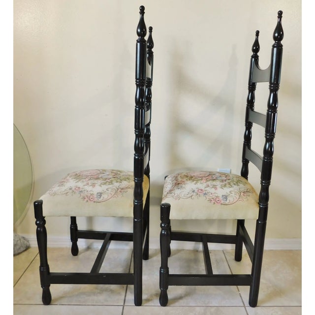 Black Pair Vintage Ladderback Chairs - Courting Couple Tapestry Seats For Sale - Image 8 of 11