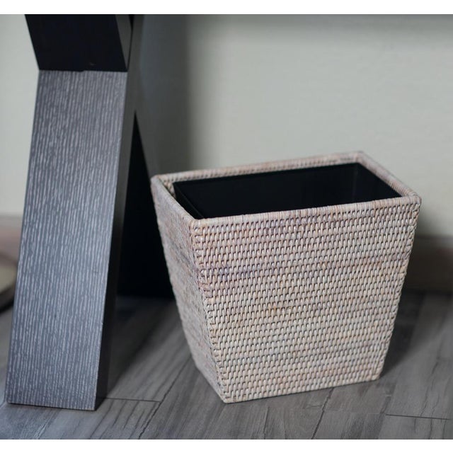 2020s Artifacts Rattan Rectangular Tapered Waste Basket with Metal Liner in White Wash - 11" For Sale - Image 5 of 6