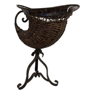 Vintage Wicker Cornucopia Baket on Wrought Iron Pedestal Stand For Sale