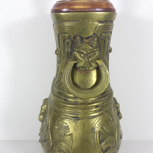 Vintage Brass Chinese Hu Vessel Urn Table Lamp Creatures Oni Serpent Foo Dogs For Sale - Image 6 of 12