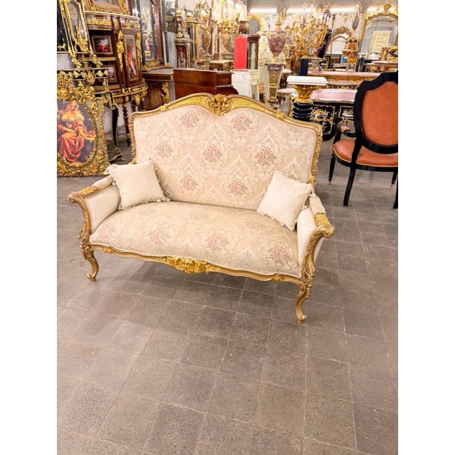 Textile Vintage Rococo Canapa Loveseat Blush Beige Damask Upholstery For Sale - Image 7 of 8