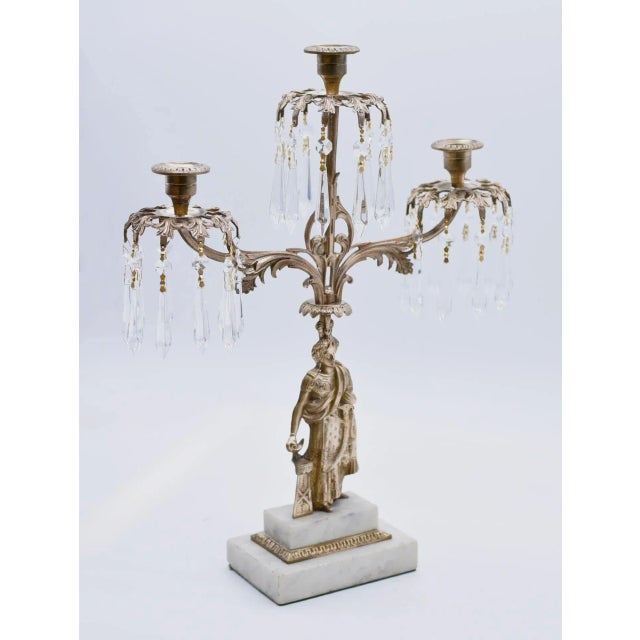 18th Century Cast Brass Three Candle Crystal Girandole on Marble For Sale - Image 4 of 12