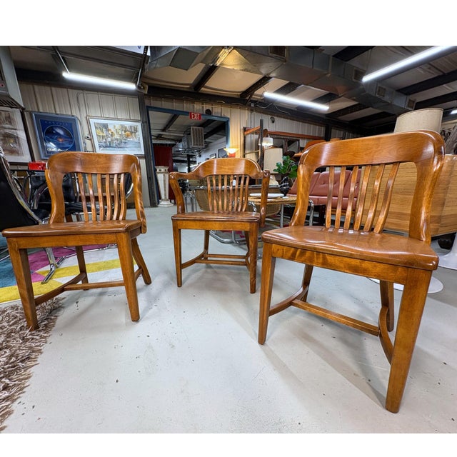 Group of 3 Solid Wood Bankers or Library Chairs Early 20th Century For Sale - Image 4 of 16