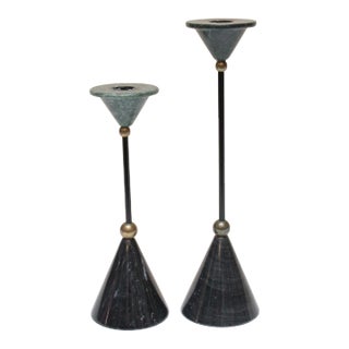 Memphis Postmodern Style Green and Black Marble Candleholders - Set of Two For Sale